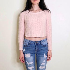 LOVERS + FRIENDS Fuzzy Pink Crop Knitted Sweater